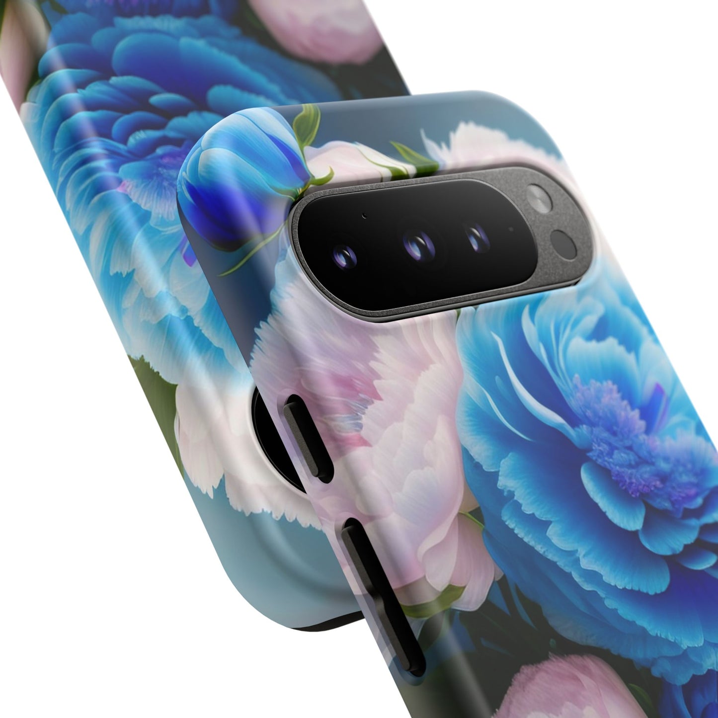 Floral Blue Peony Phone Case — Protective Tough Case with Pink & Blue Blooms