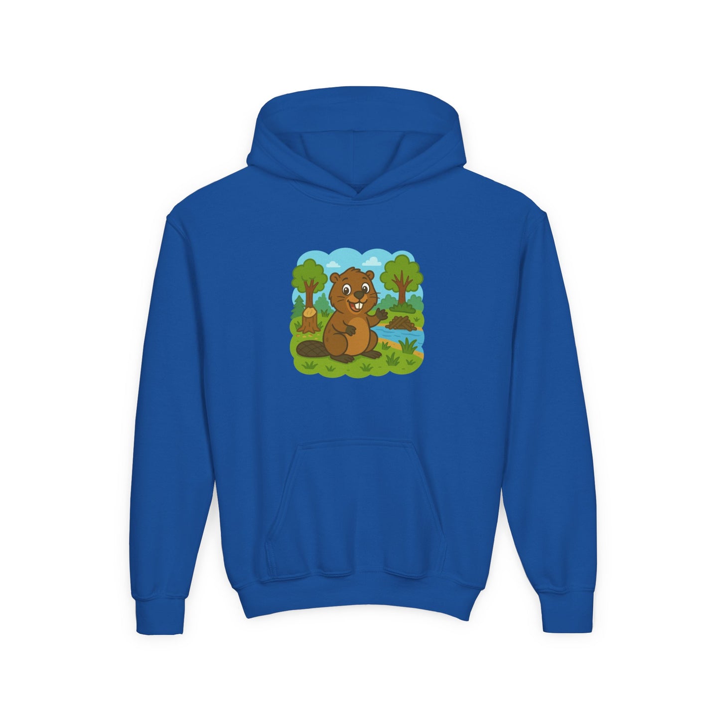 Cartoon Beaver Forest Scene Youth Hoodie | Woodland Animal Kids Sweatshirt