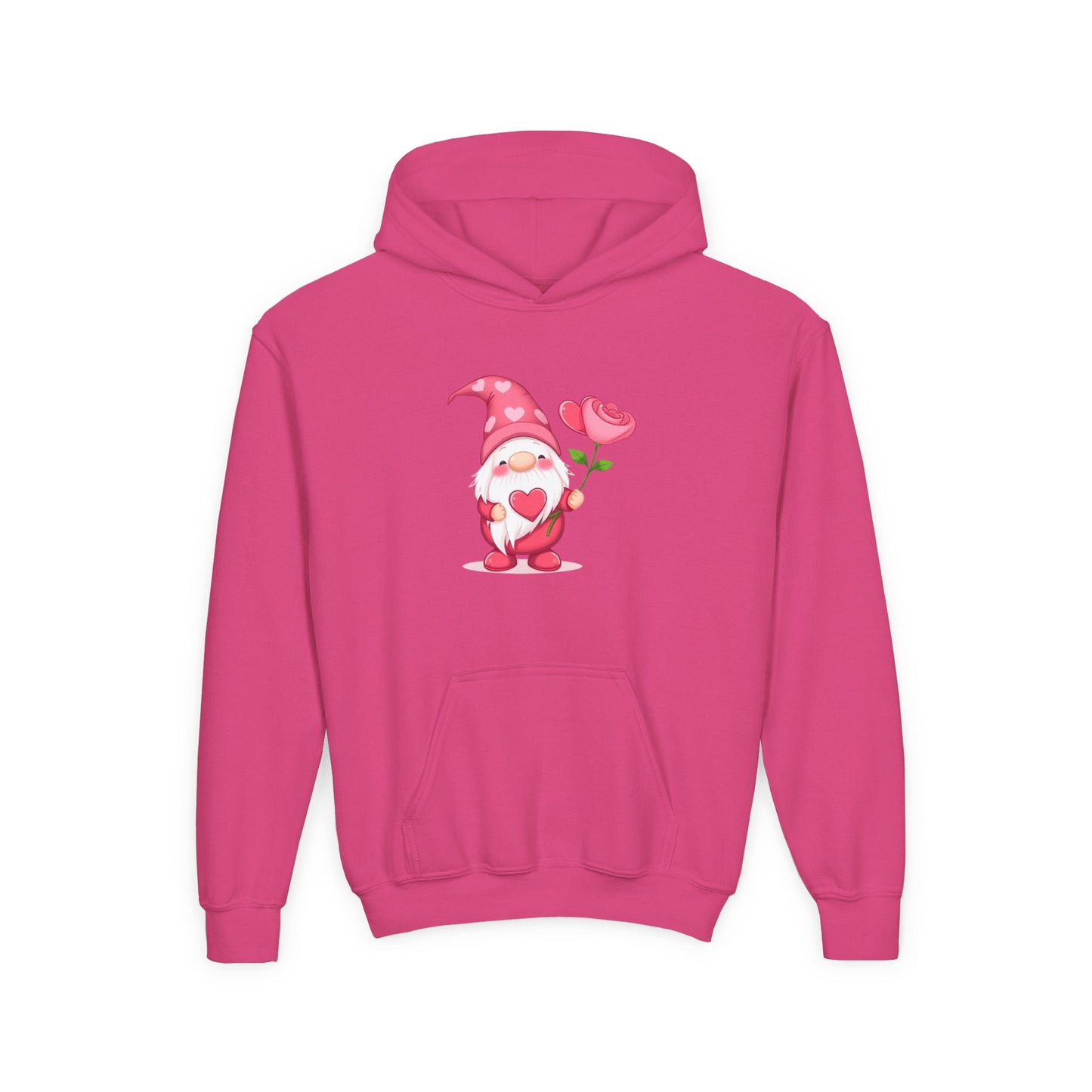 Valentine Gnome Kids Hoodie — Cute Pink Gnome Holding Rose Youth Sweatshirt