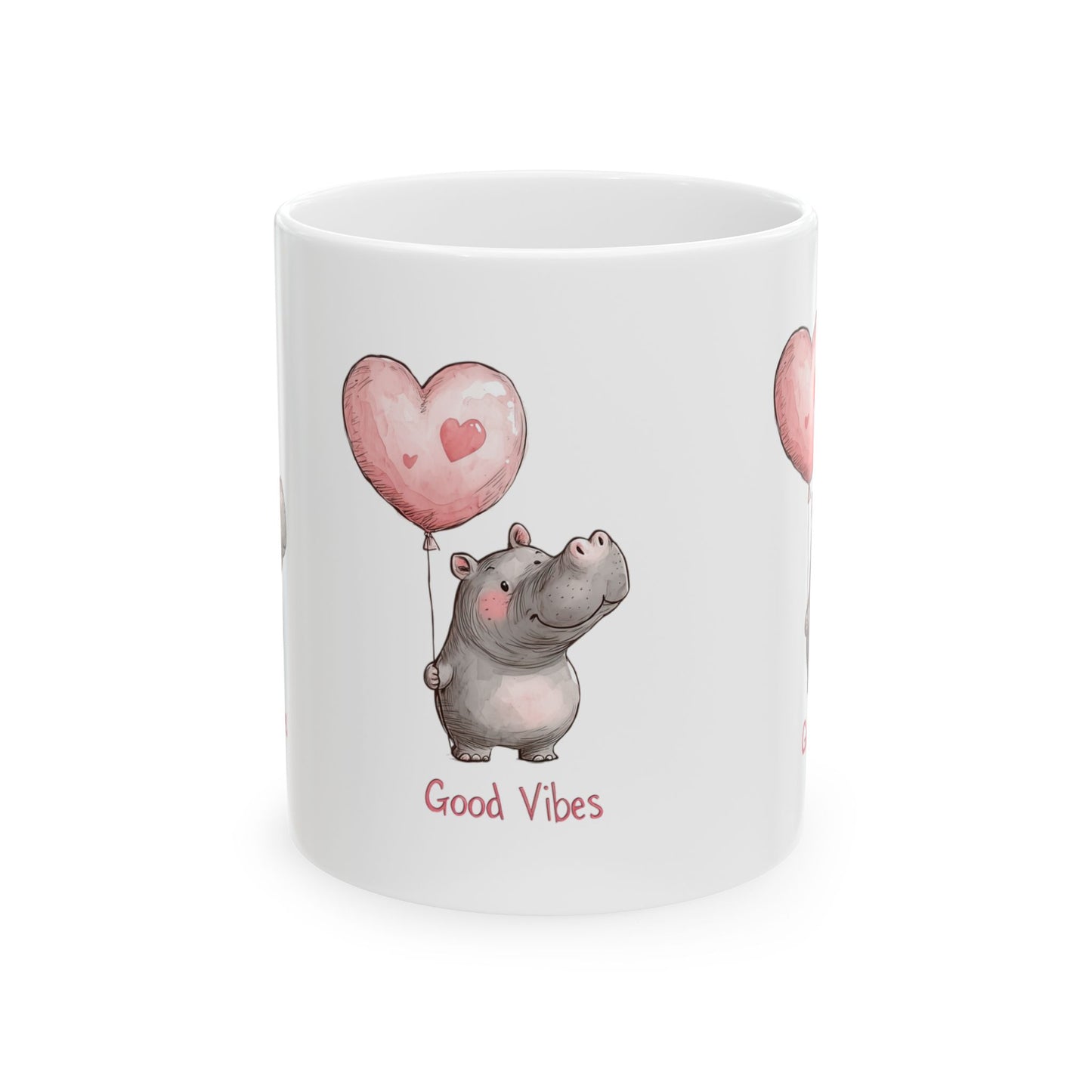 Cute Hippo Good Vibes Ceramic Mug, Gift for Animal Lovers, Positive Quote Coffee Cup, Birthday Present, Valentine's Day