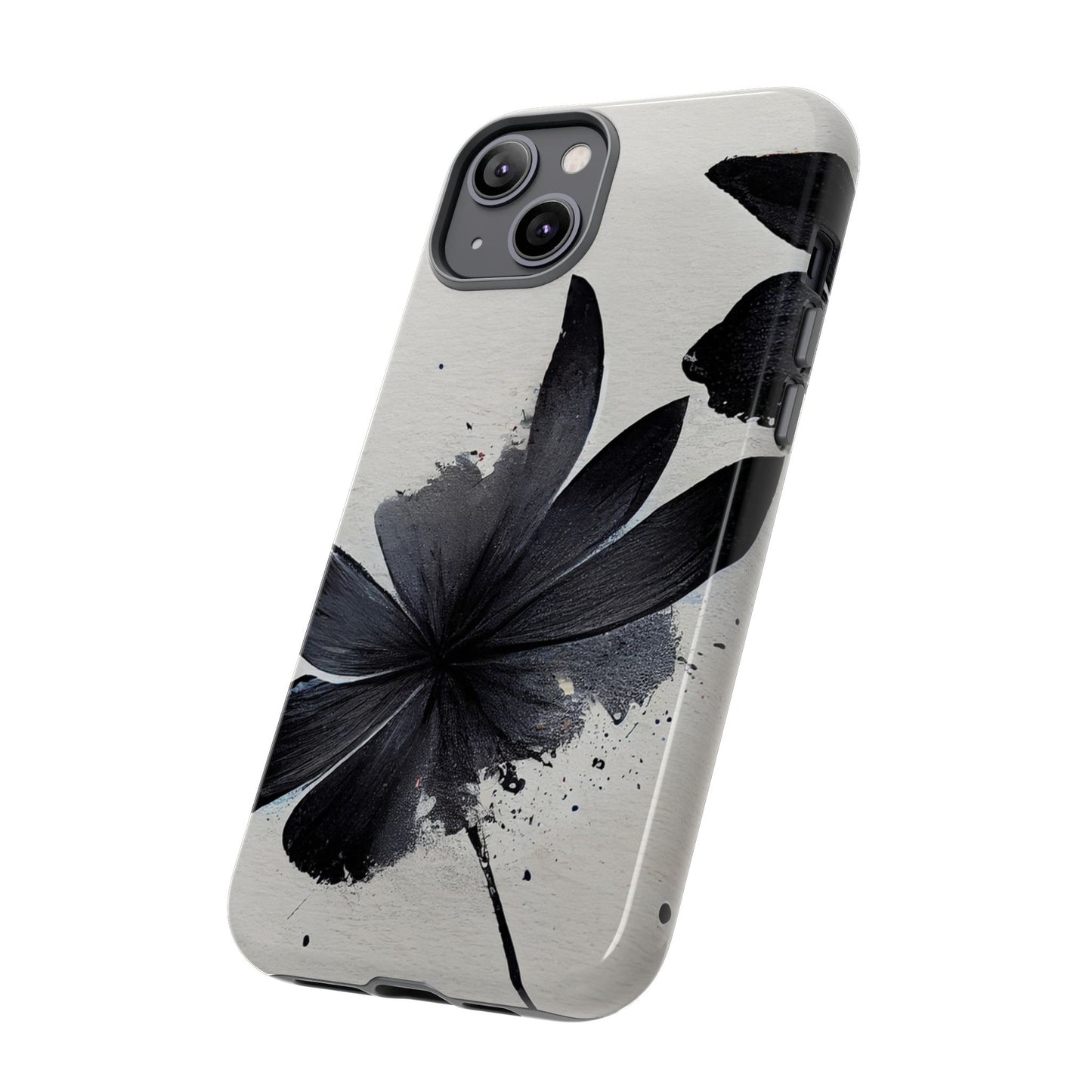 Monochrome Floral Tough Phone Case — Black Ink Flower Protective Cover
