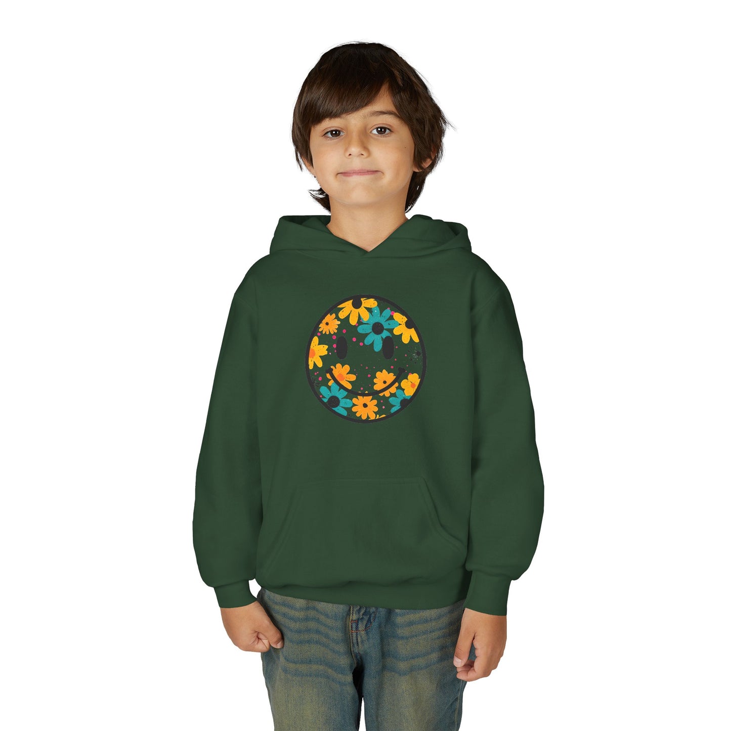 Youth Floral Hoodie – Orange & Teal Flower Circle Design