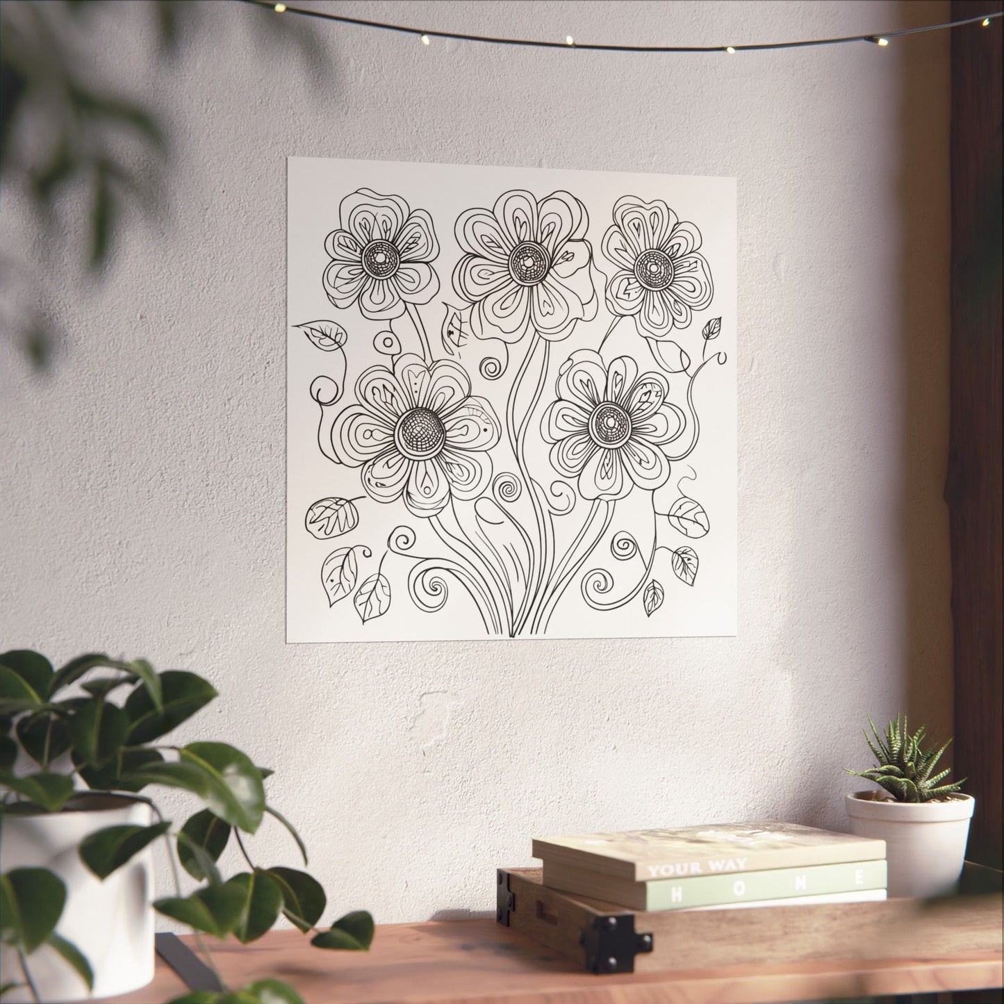 Floral Line Art Poster — Black & White Daisy Bouquet Matte Print - DIY