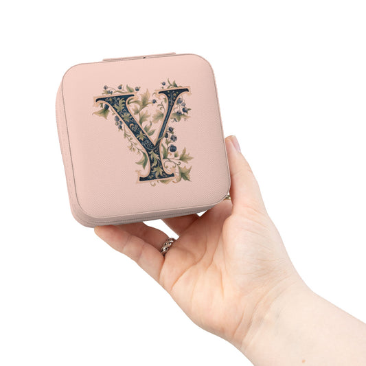 Monogram 'Y' Floral Jewelry Travel Case — Compact Pink Organizer for Rings, Earrings & Necklaces