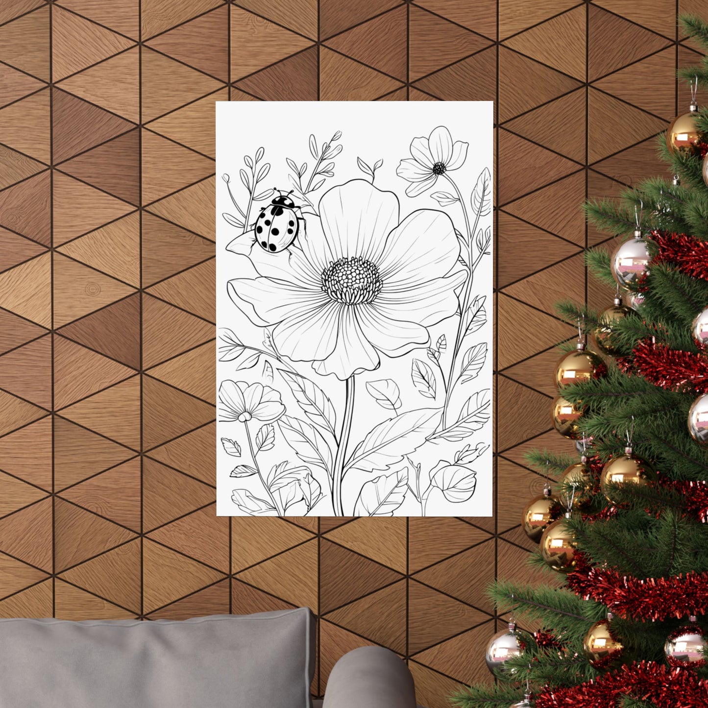 Botanical Ladybug Matte Poster — Floral Line Art Vertical Wall Print