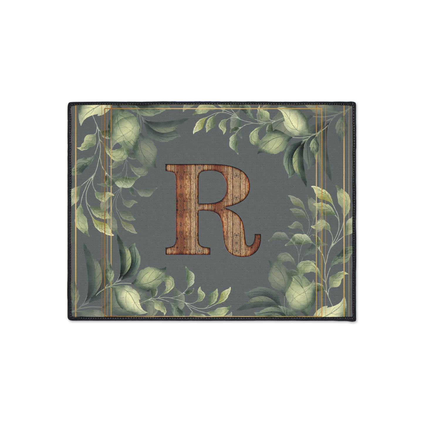 Personalized Monogram Floor Mat - Rustic Wood 'R' with Greenery Welcome Rug - Letter R