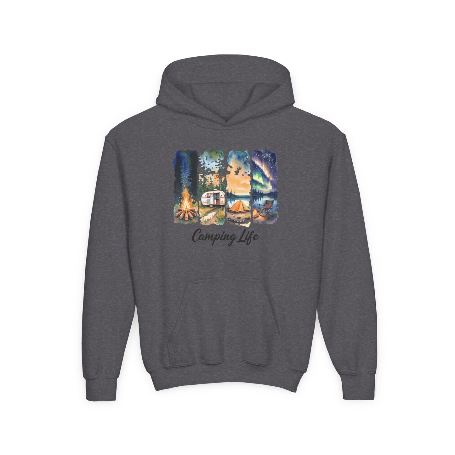 Youth Camping Life Hoodie — Scenic Campfire, Tent & Camper Pullover