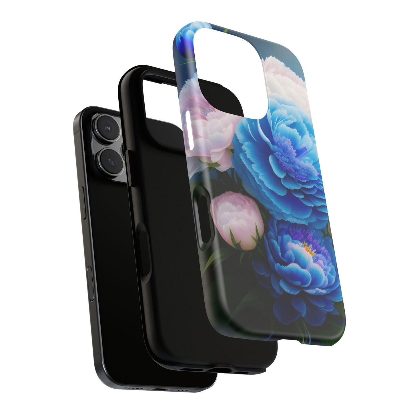 Floral Blue Peony Phone Case — Protective Tough Case with Pink & Blue Blooms