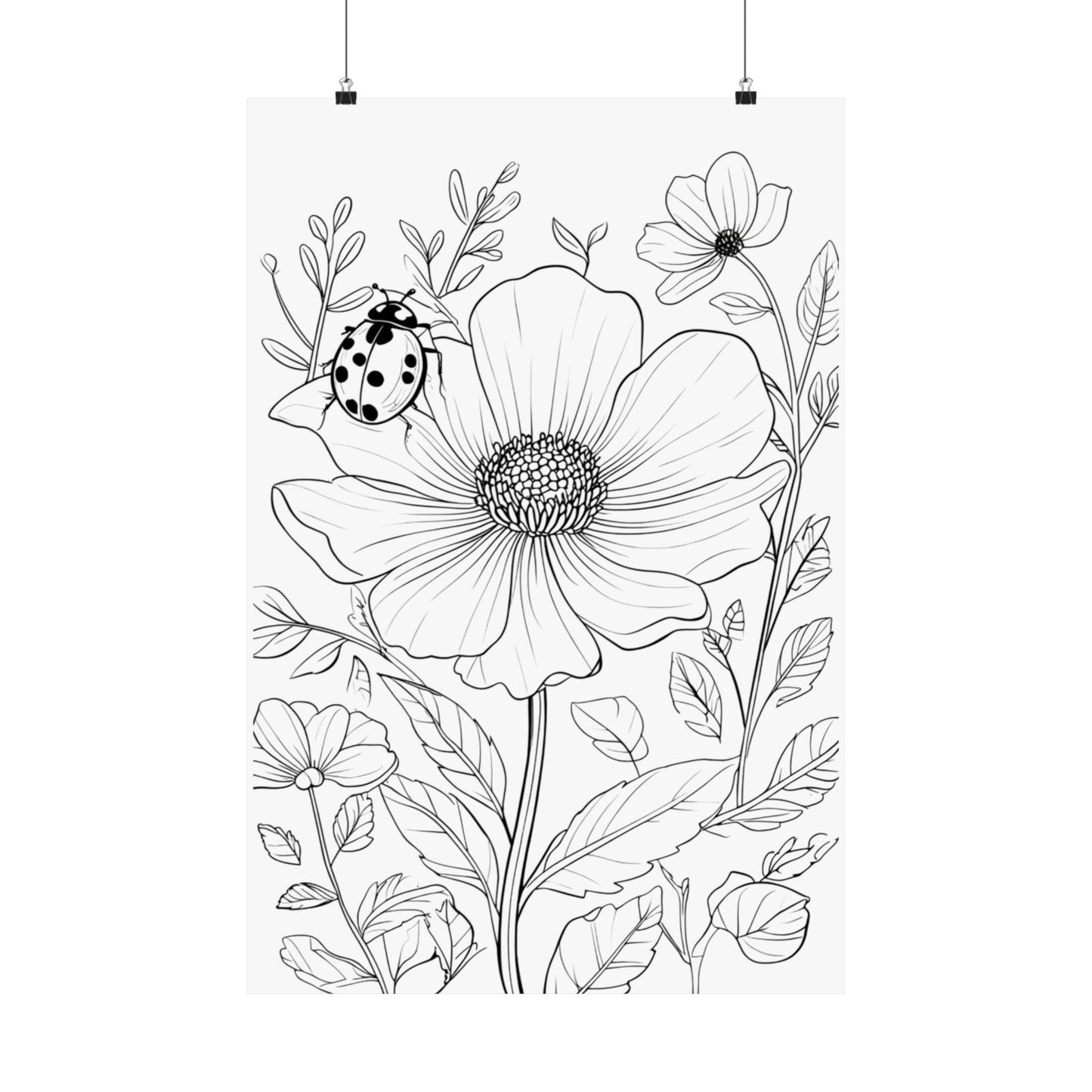 Botanical Ladybug Matte Poster — Floral Line Art Vertical Wall Print