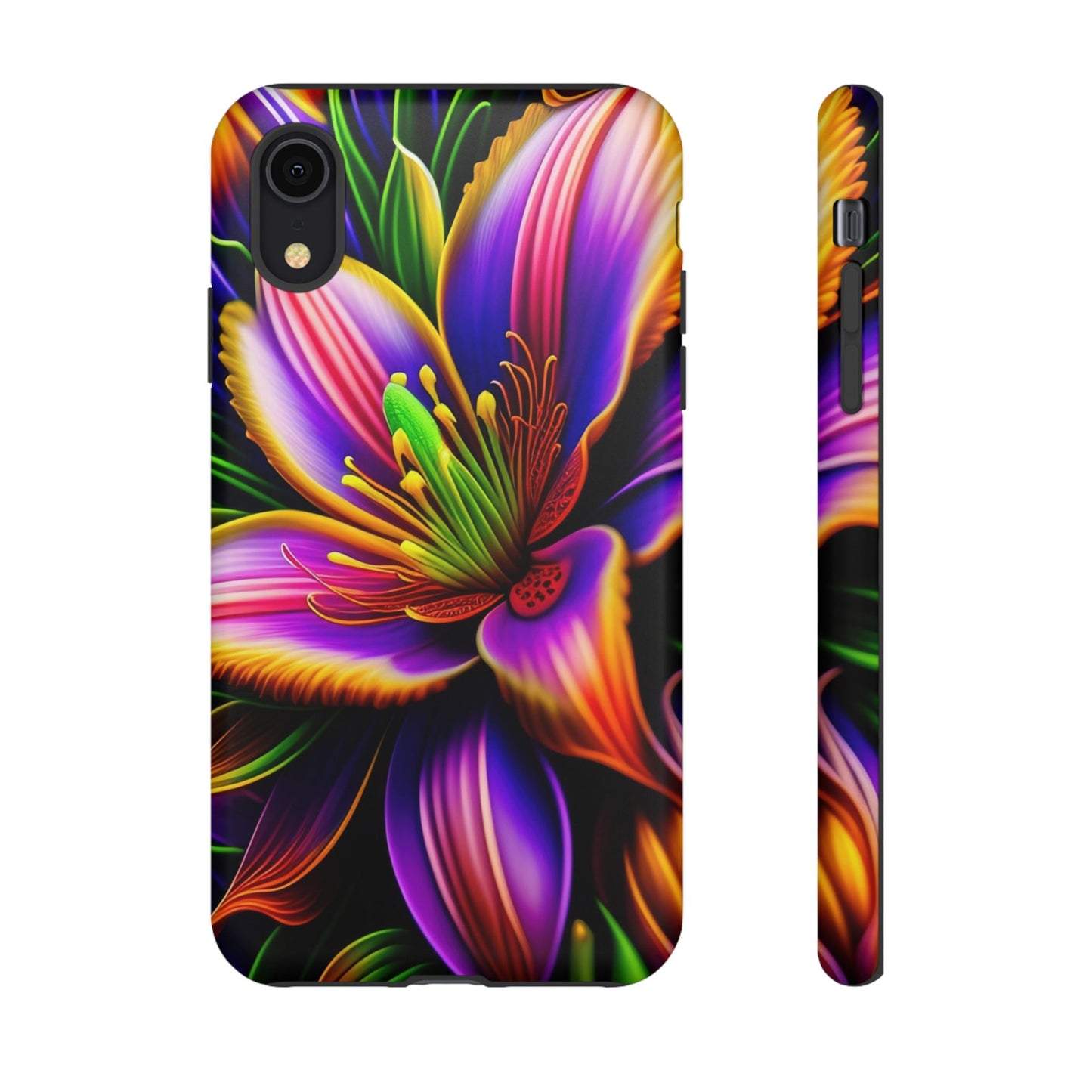 Floral Neon Tough Phone Case — Vivid Purple & Orange Lily Protective Cover