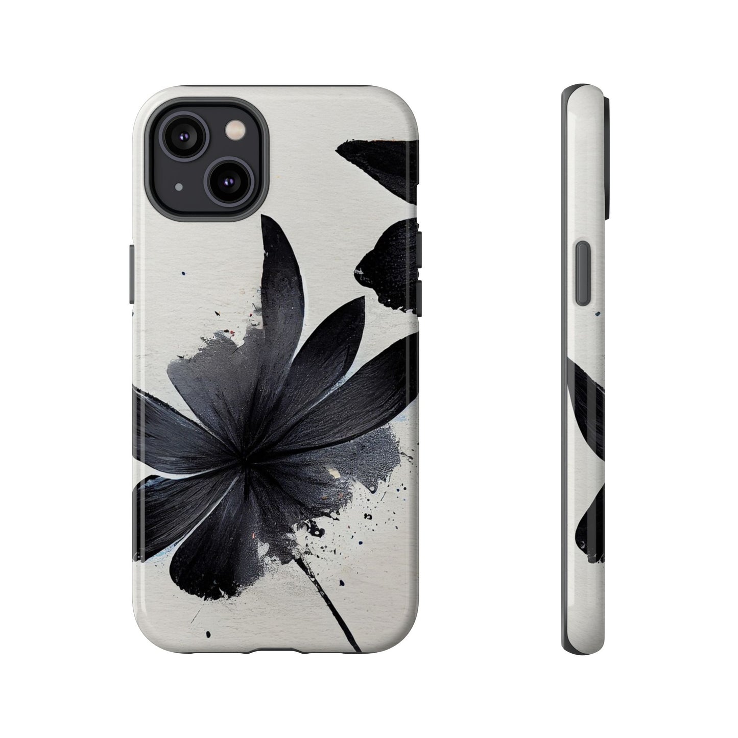 Monochrome Floral Tough Phone Case — Black Ink Flower Protective Cover