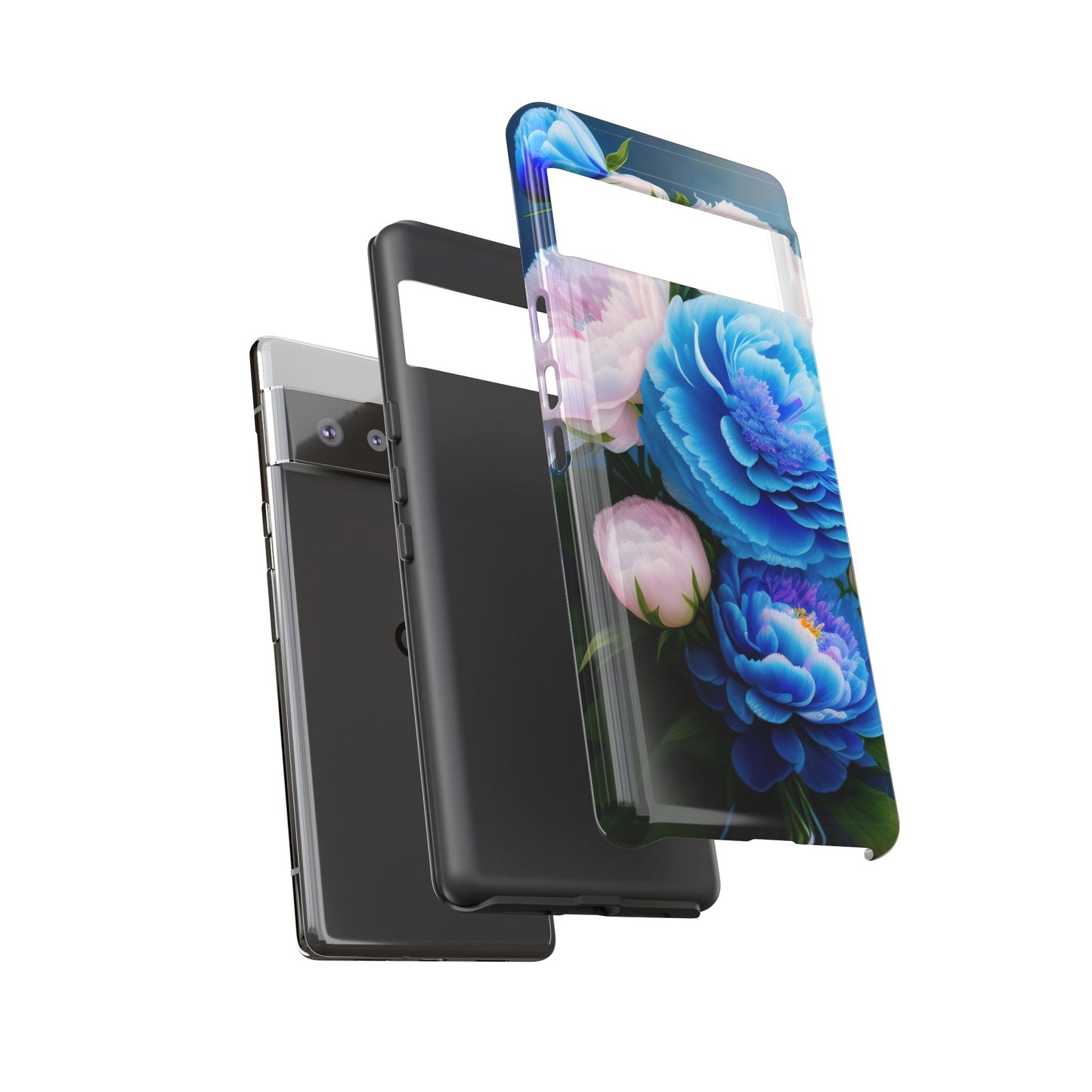 Floral Blue Peony Phone Case — Protective Tough Case with Pink & Blue Blooms