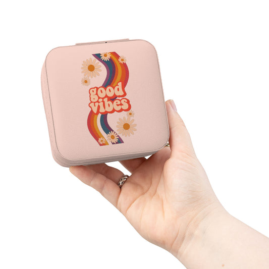 Good Vibes Jewelry Travel Case — Compact Retro Rainbow Daisy Jewelry Organizer
