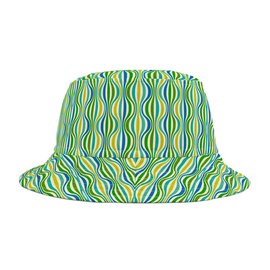 Green Wave Pattern Bucket Hat — Retro Groovy Summer Sun Hat