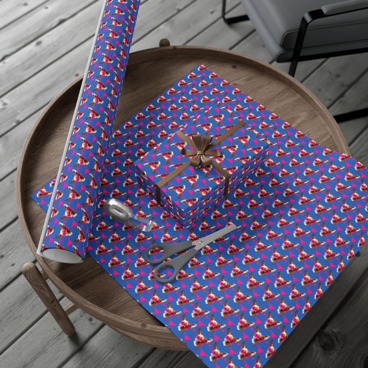 Blue Chihuahua Heart Pattern Gift Wrap Paper — Cute Dog Wrapping Sheets for Pet Lovers