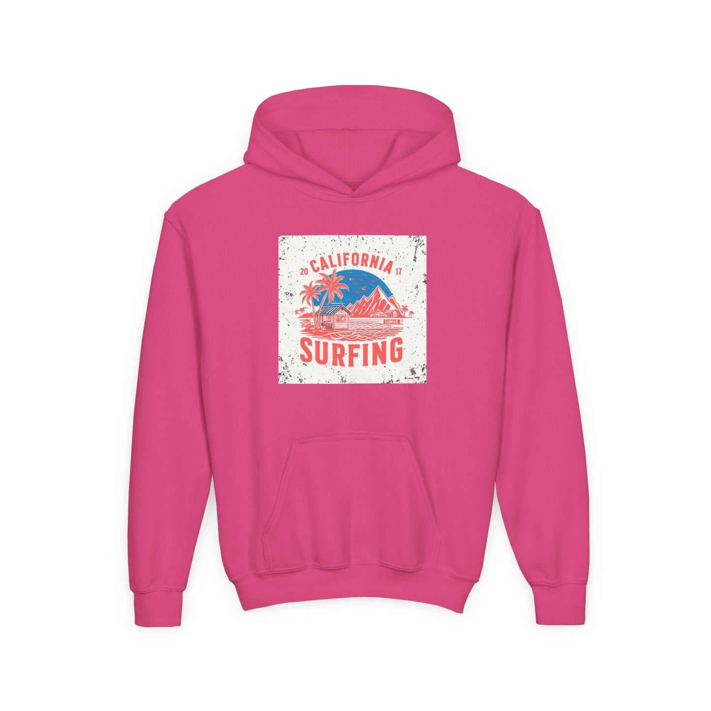 California Surfing Youth Hoodie — Retro Beach Palm Tree Surf Graphic