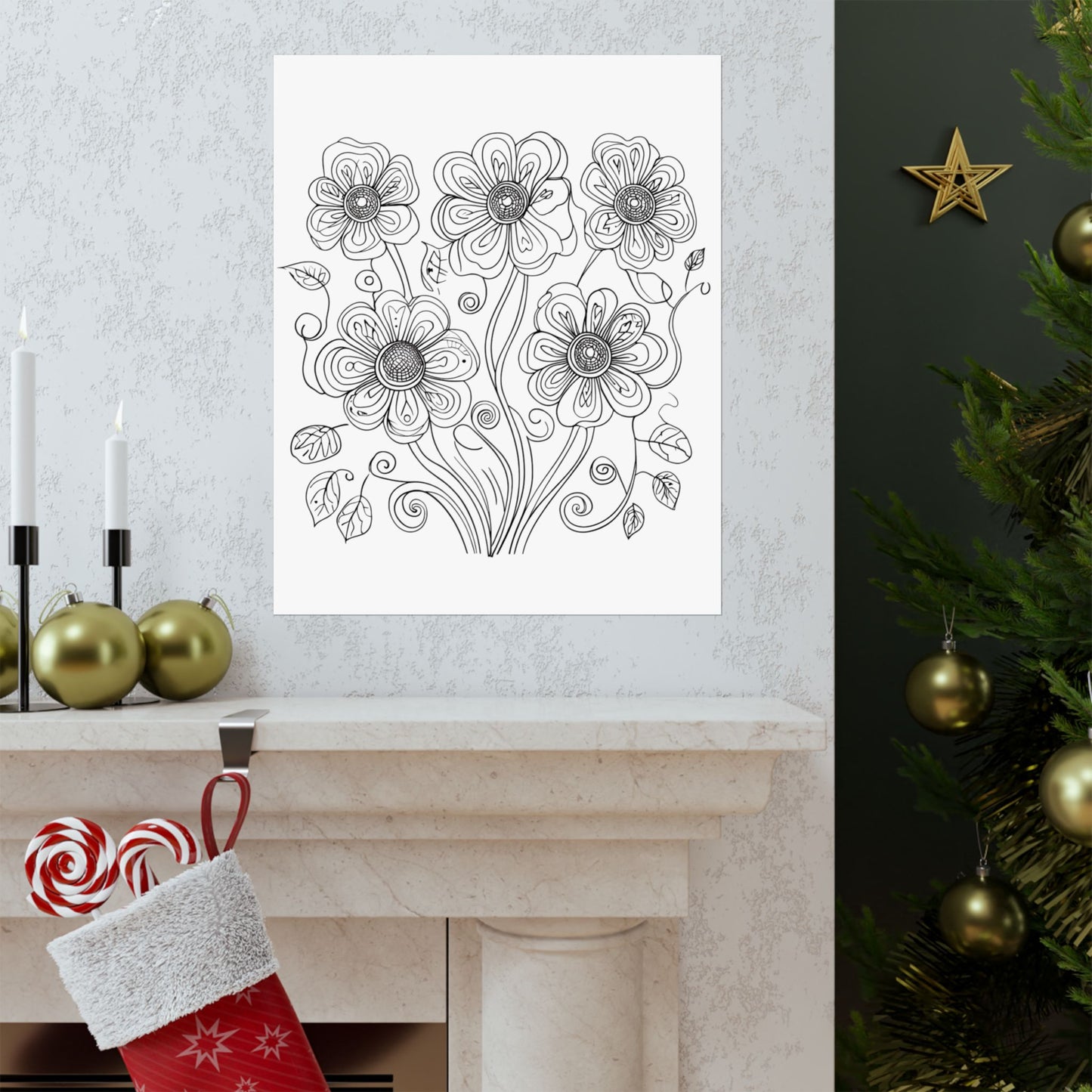 Floral Line Art Poster — Black & White Daisy Bouquet Matte Print - DIY