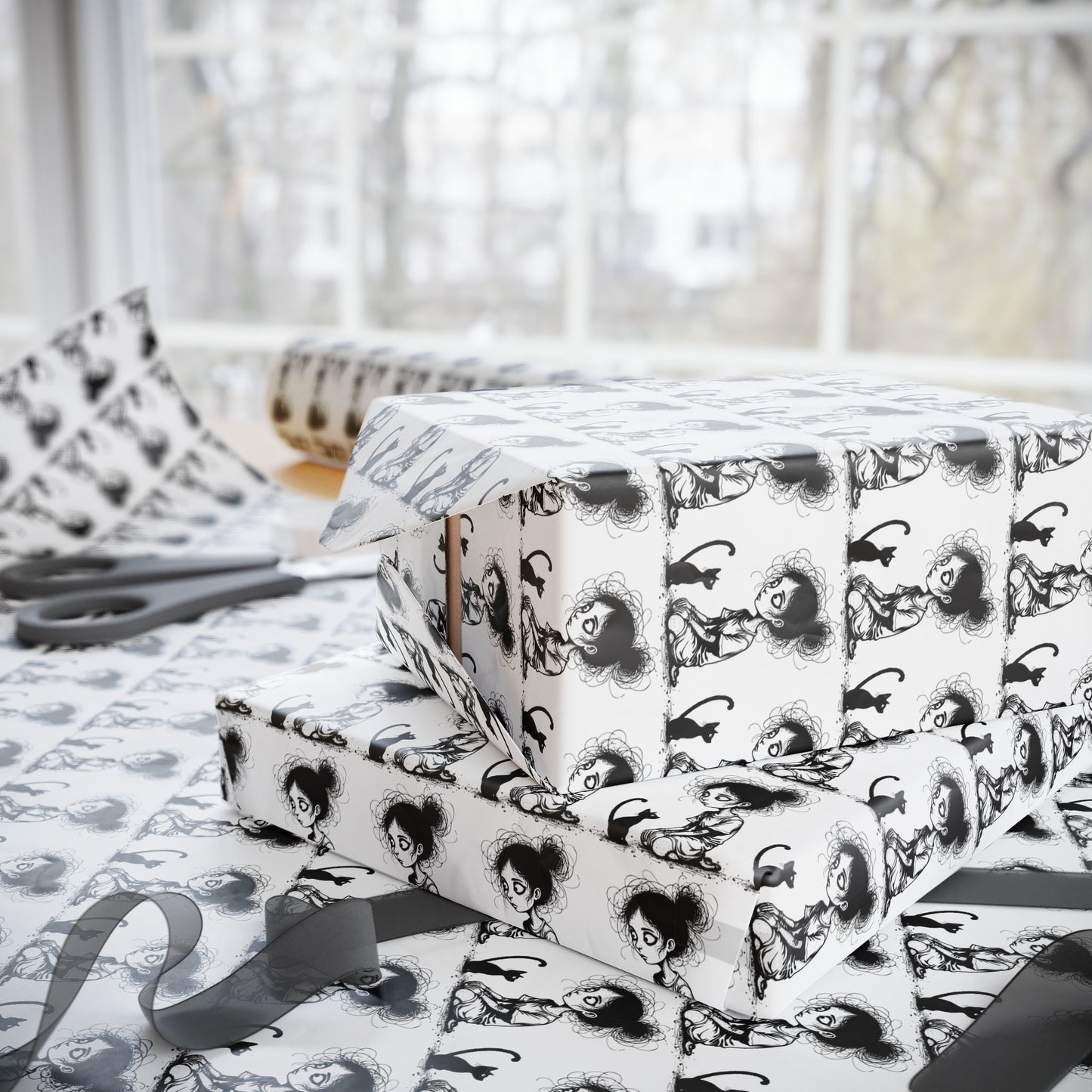 Wrapping Paper Roll — Black & White Repeating Eye Pattern