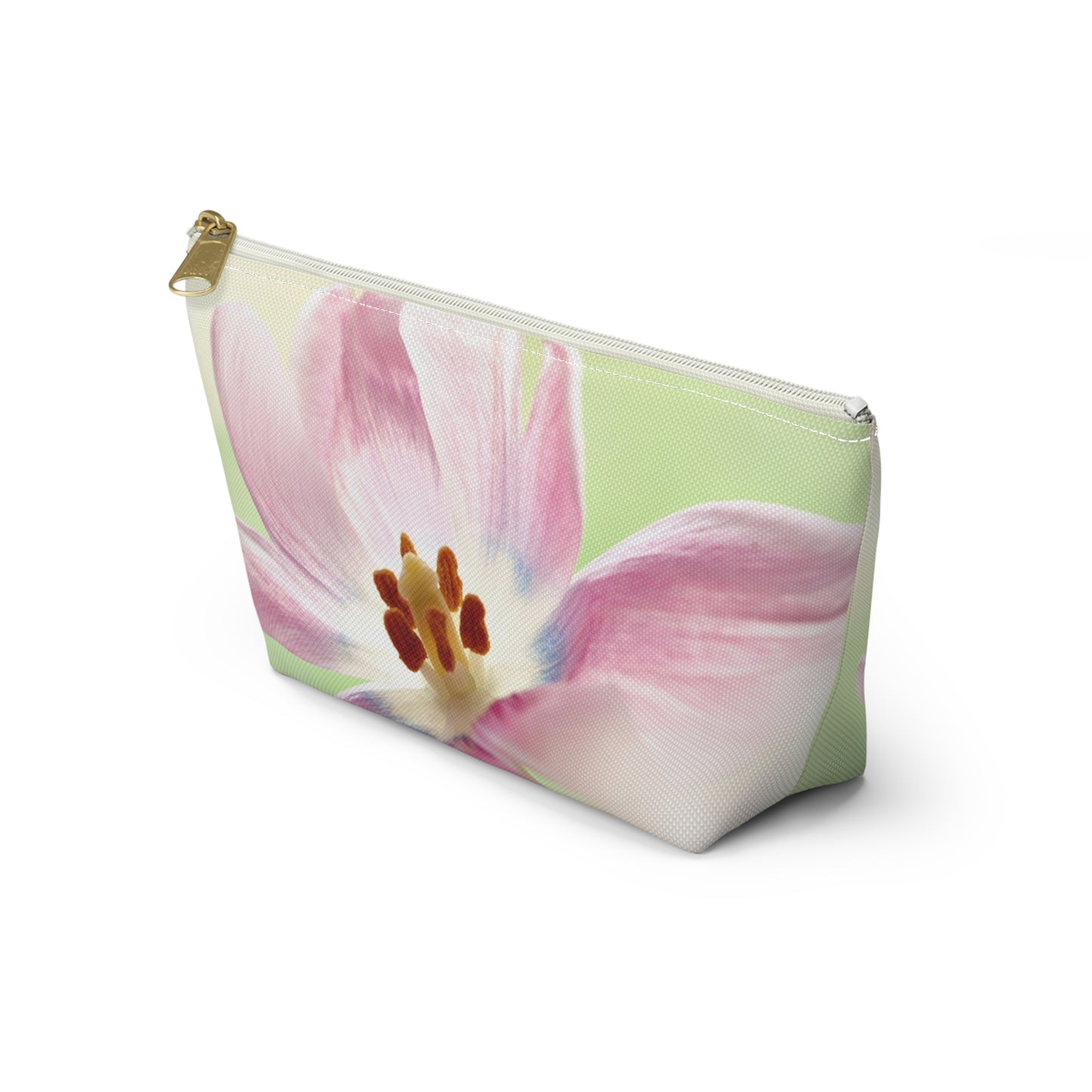 Pink Tulip Floral Accessory Pouch — Cosmetic Makeup Bag with T-Bottom
