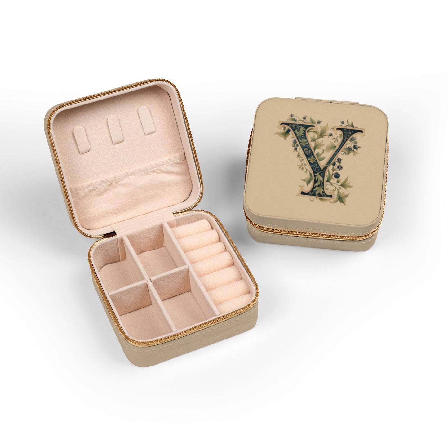 Monogram 'Y' Floral Jewelry Travel Case — Compact Pink Organizer for Rings, Earrings & Necklaces