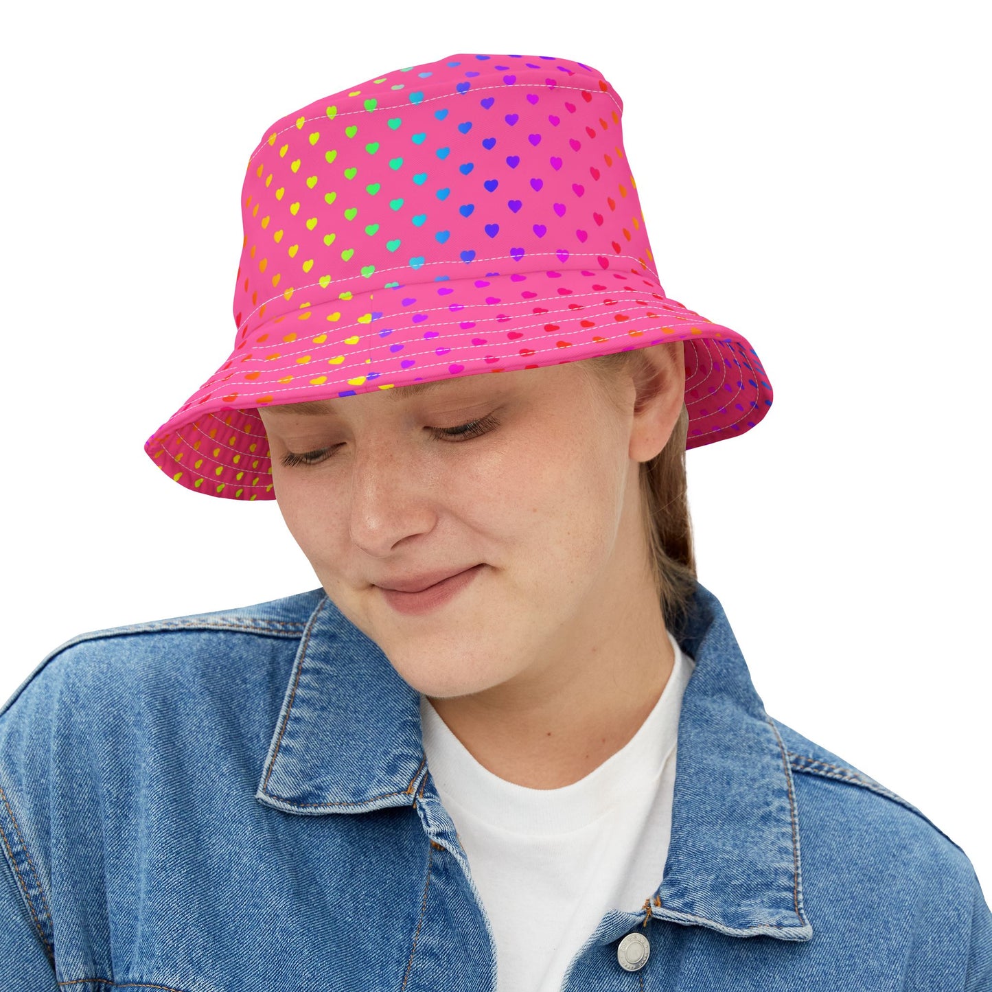 Pink Rainbow Heart Bucket Hat — Colorful Polka Dot Summer Sun Hat