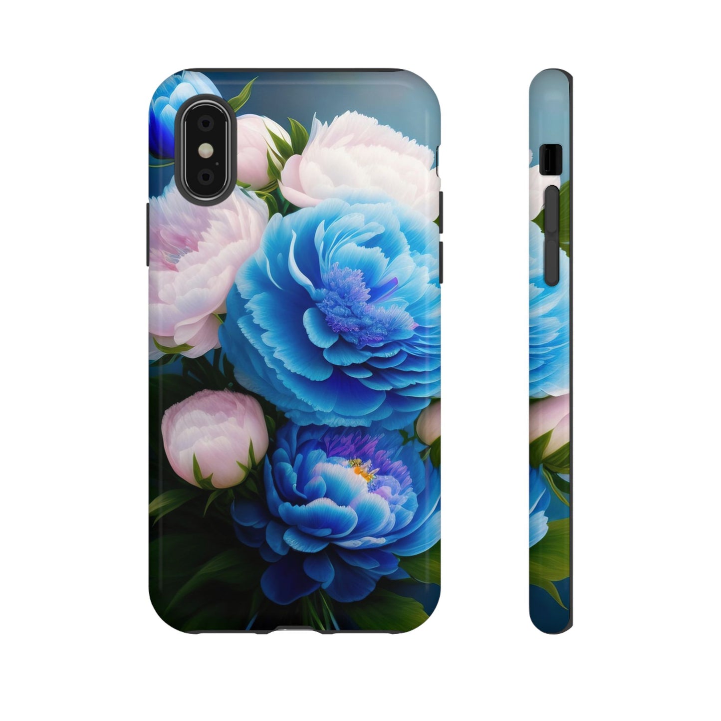 Floral Blue Peony Phone Case — Protective Tough Case with Pink & Blue Blooms