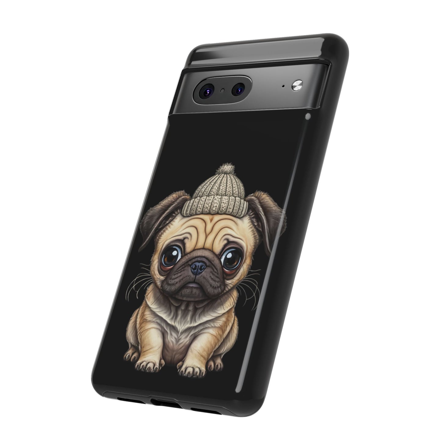 Pug Phone Case – Cute Pug Puppy Illustration on Black Tough Case