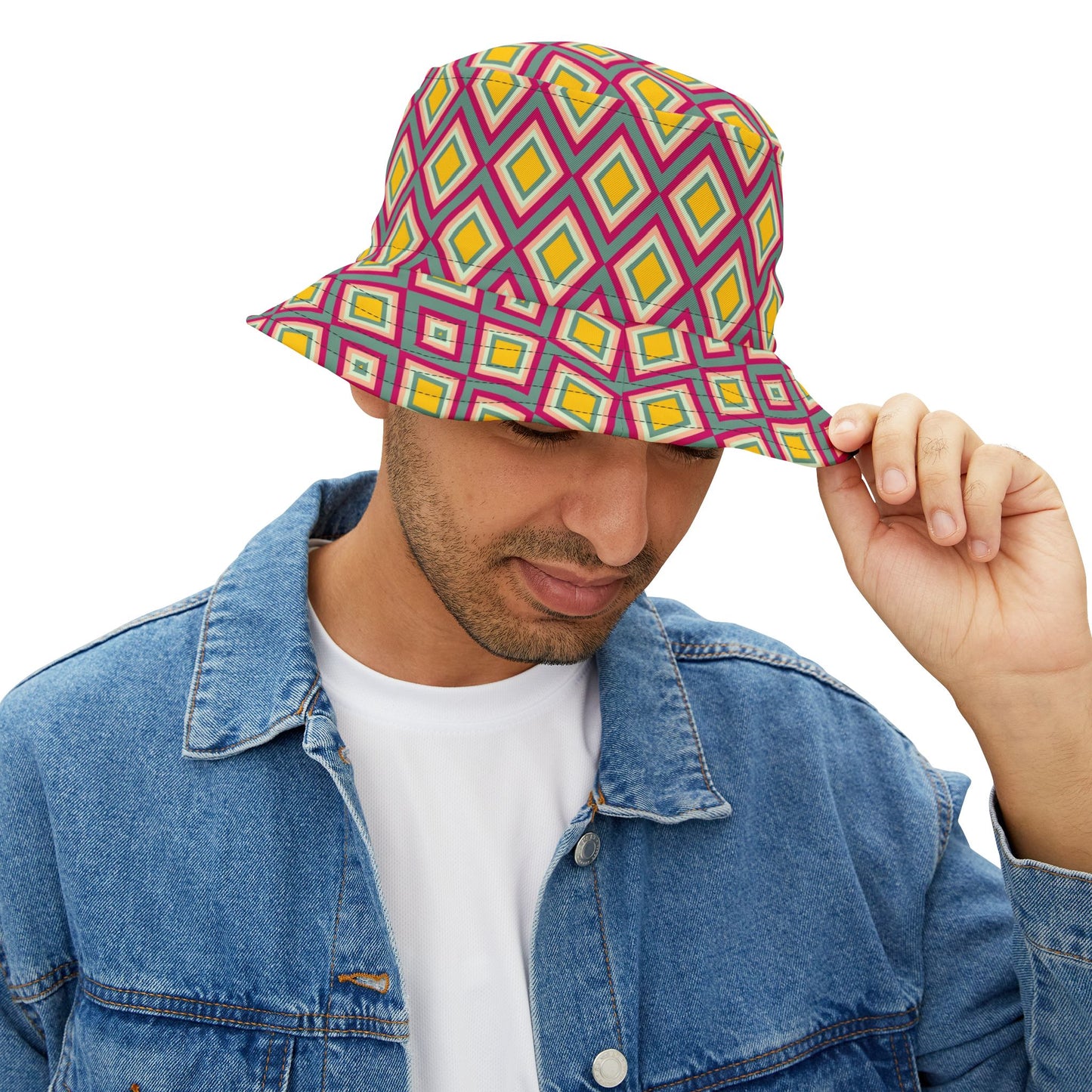 Diamond Geo Print Bucket Hat — Colorful Retro Festival Sun Hat