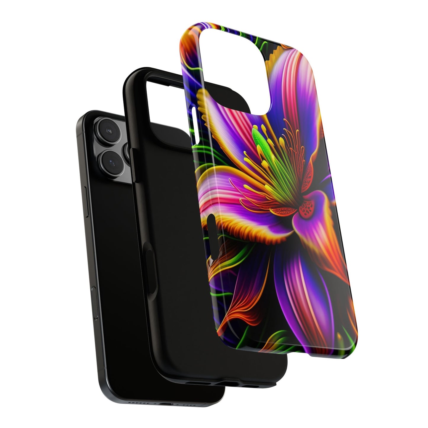 Floral Neon Tough Phone Case — Vivid Purple & Orange Lily Protective Cover