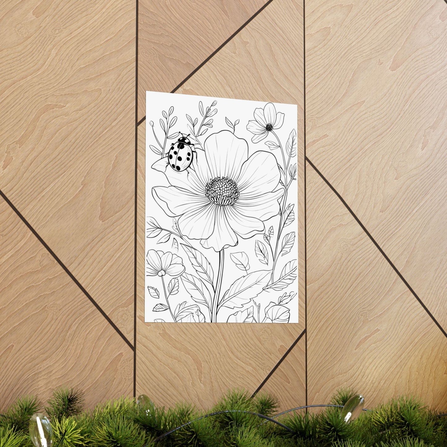 Botanical Ladybug Matte Poster — Floral Line Art Vertical Wall Print