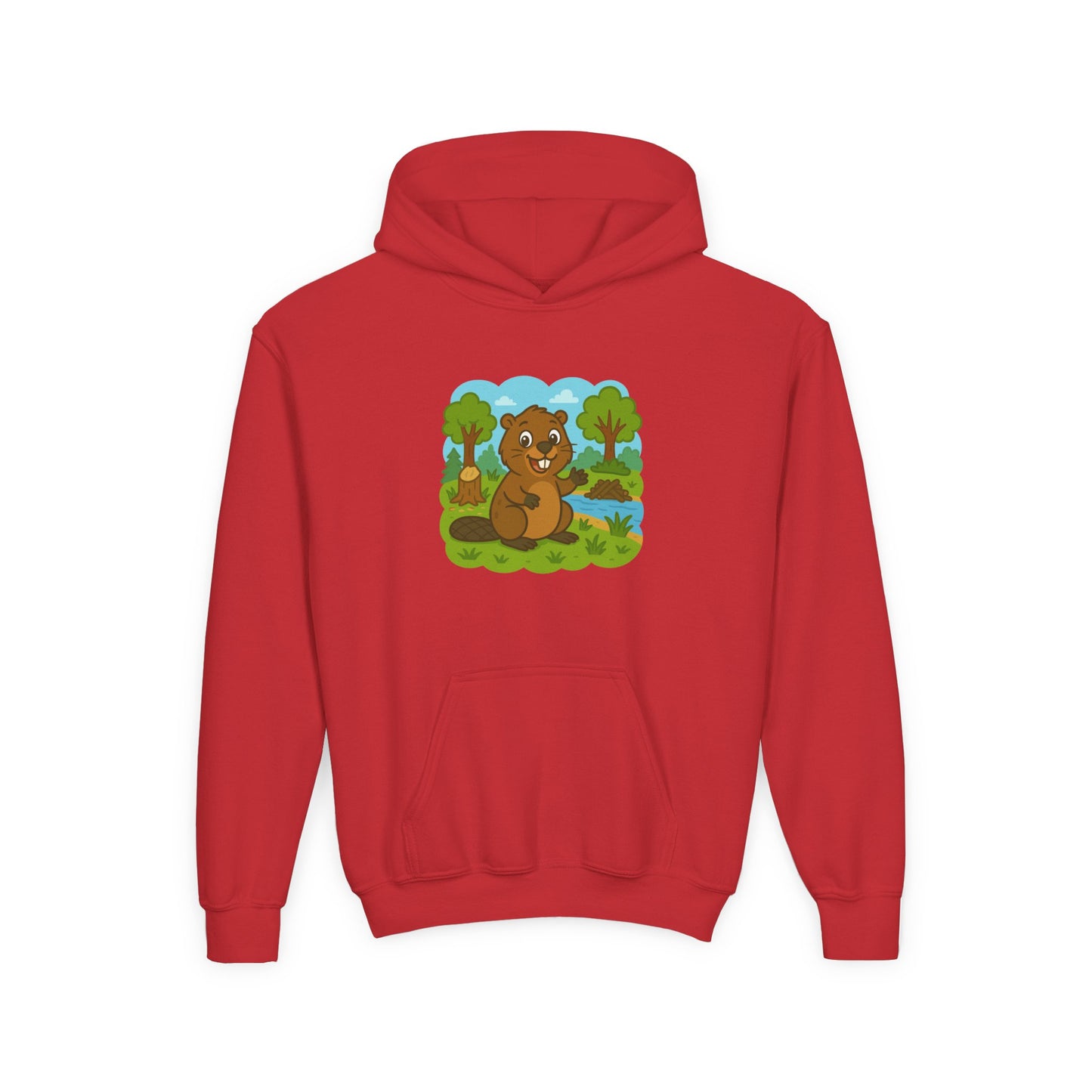 Cartoon Beaver Forest Scene Youth Hoodie | Woodland Animal Kids Sweatshirt