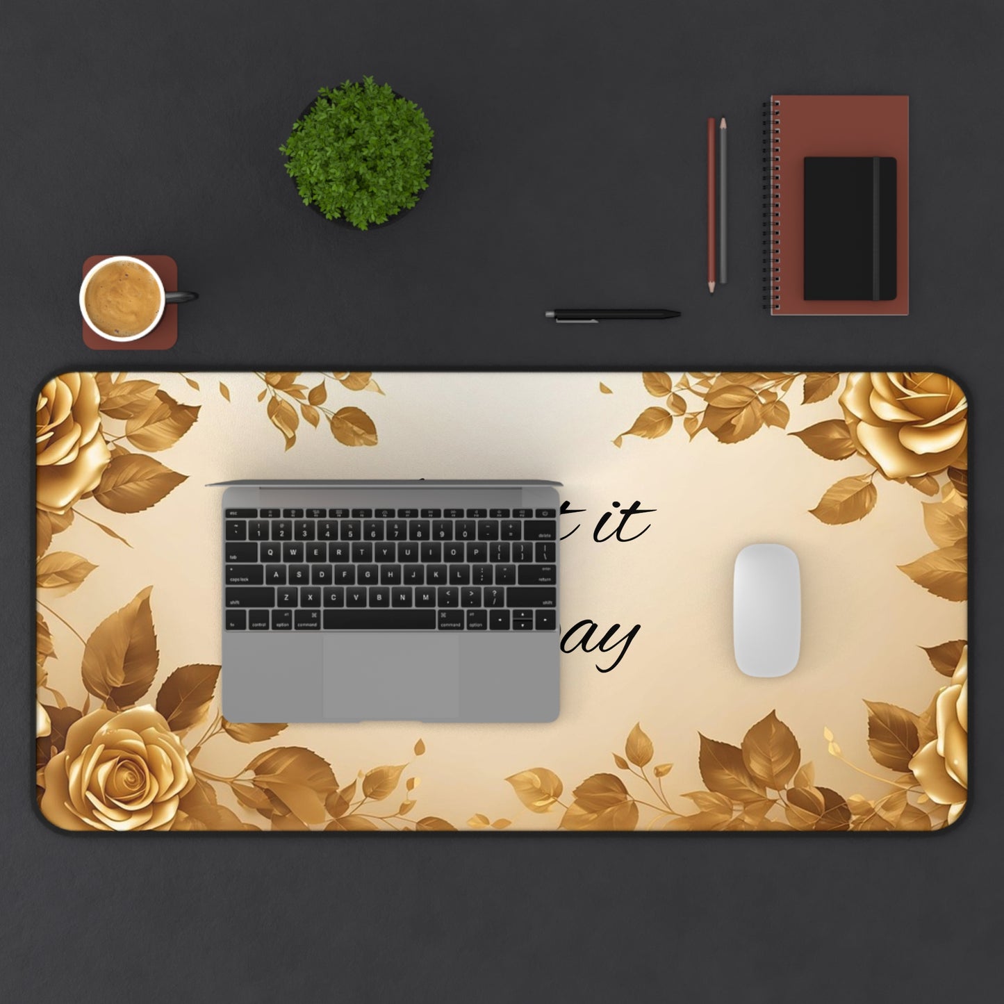 Gold Floral Desk Mat — Customizable Elegant Mouse Pad with "Print it your way" Design