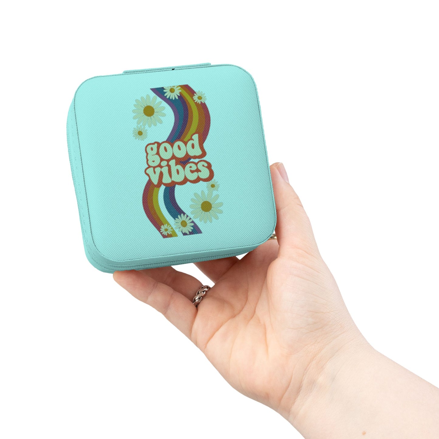 Good Vibes Jewelry Travel Case — Compact Retro Rainbow Daisy Jewelry Organizer