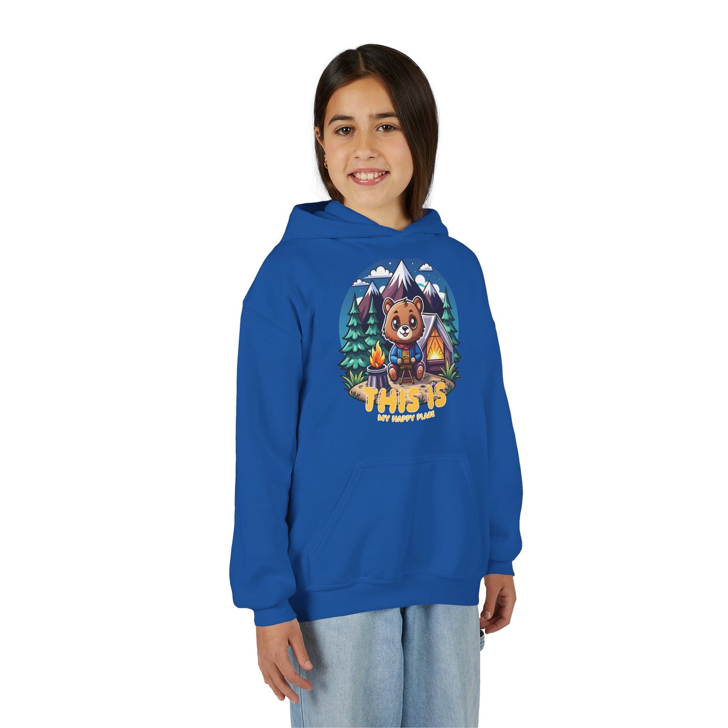 Youth Bear Camping Hoodie — "This is My Happy Place" Cozy Kid’s Outdoor Sweatshirt