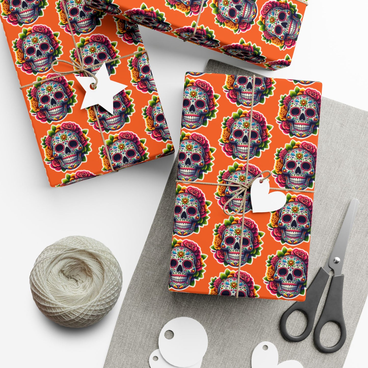 Day of the Dead Sugar Skull Gift Wrap Paper — Vibrant Orange Mexican Holiday Wrapping