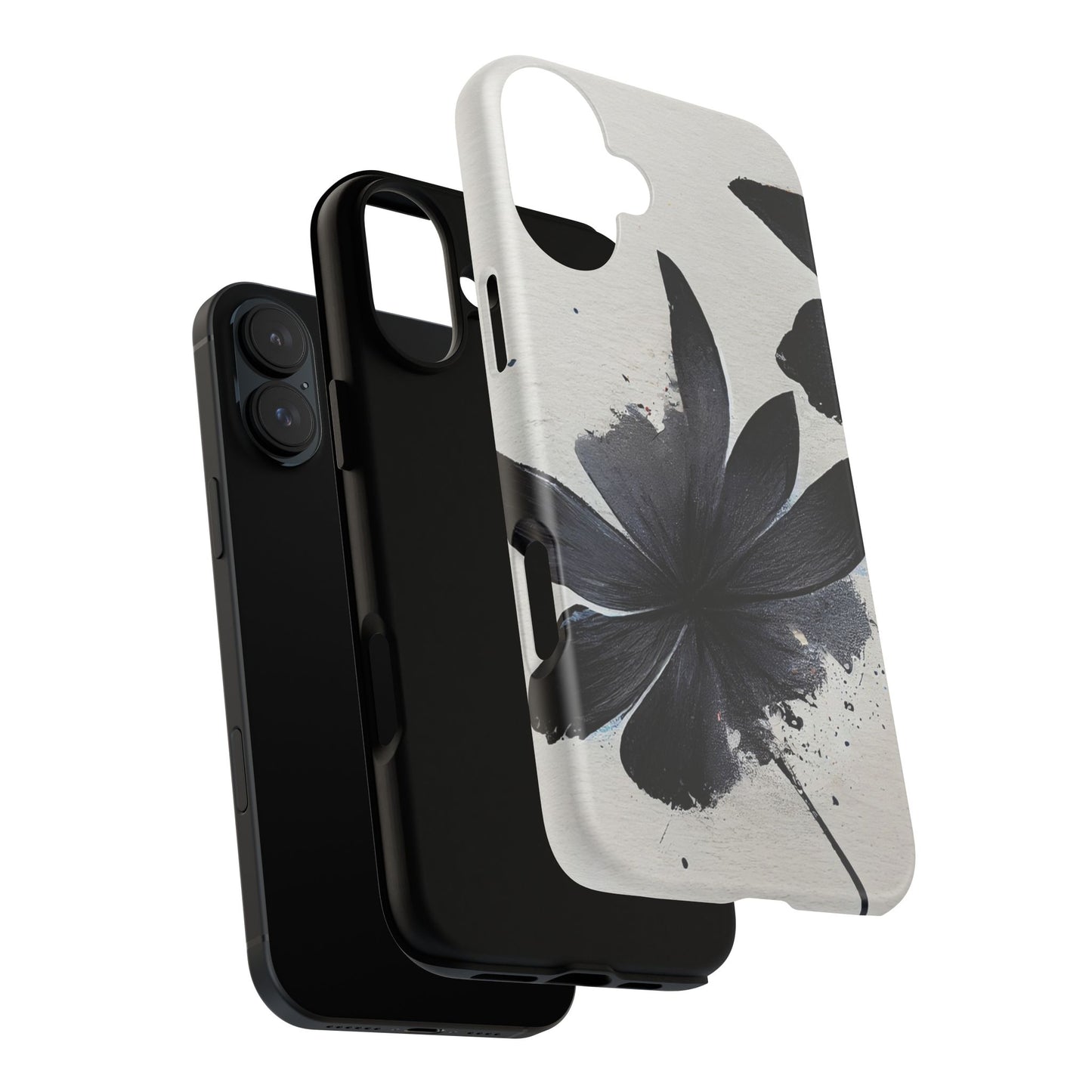 Monochrome Floral Tough Phone Case — Black Ink Flower Protective Cover
