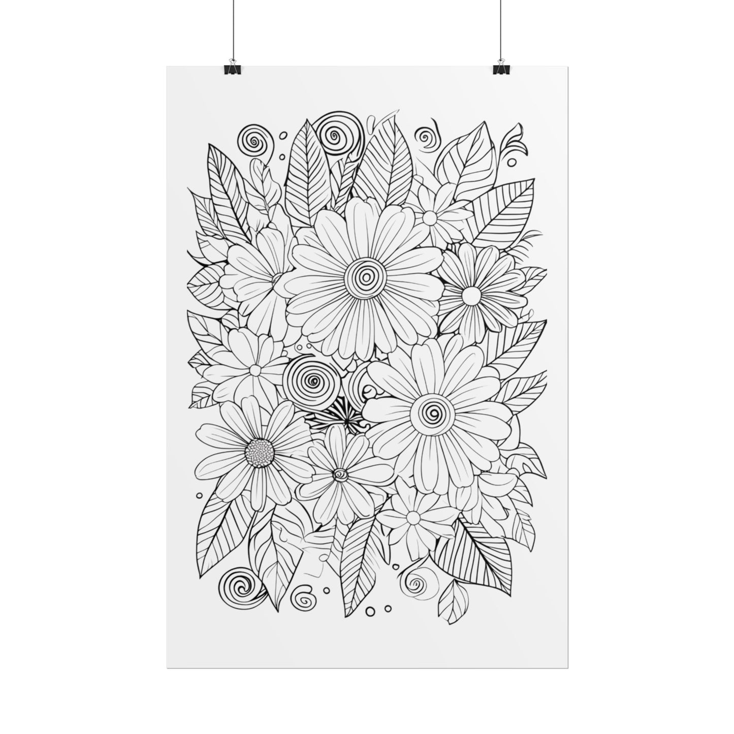 Floral Coloring Poster — Rolled Black & White Doodle Print for Adults, DIY Wall Art