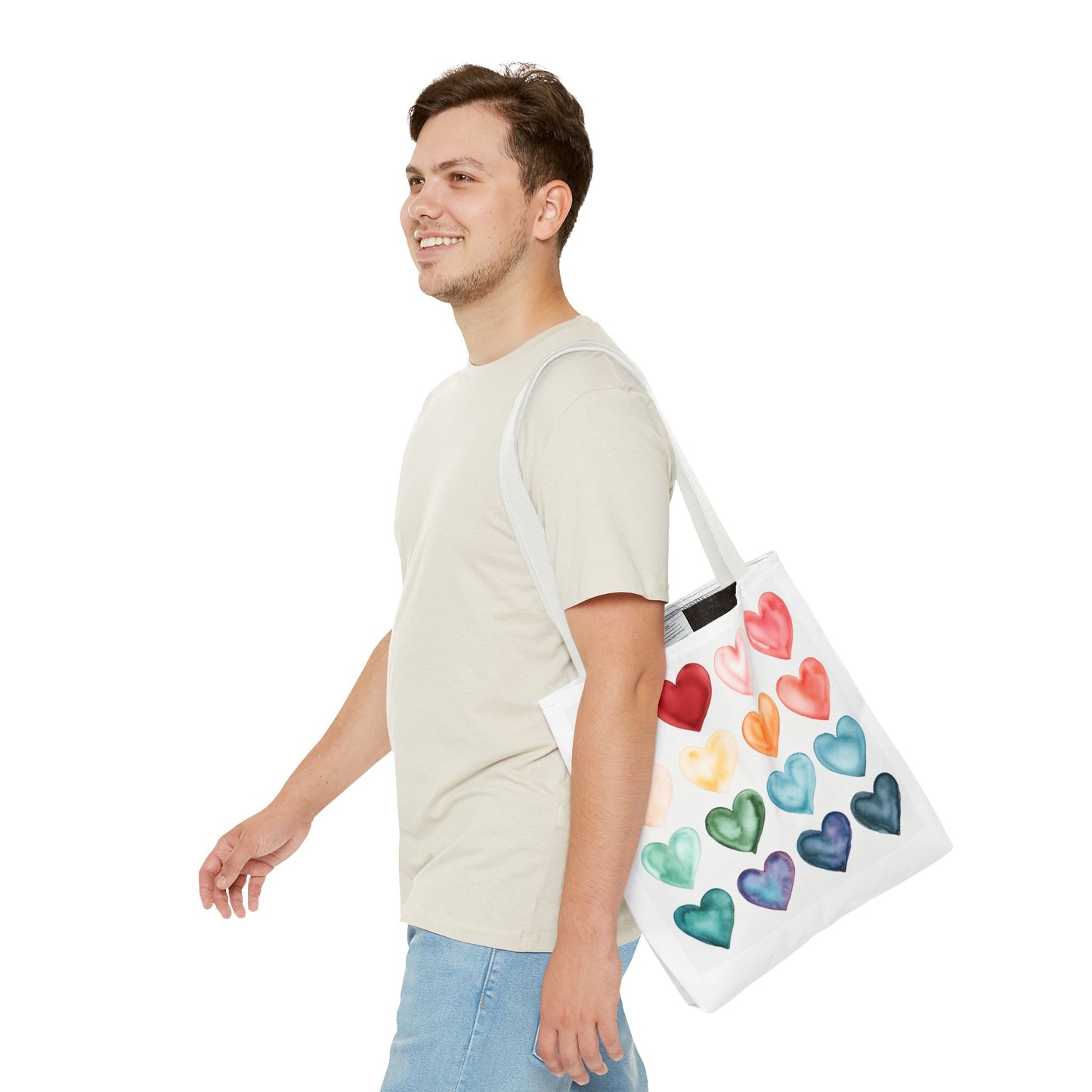 Watercolor Rainbow Hearts Tote Bag — Colorful Heart Pattern Beach & Market Tote