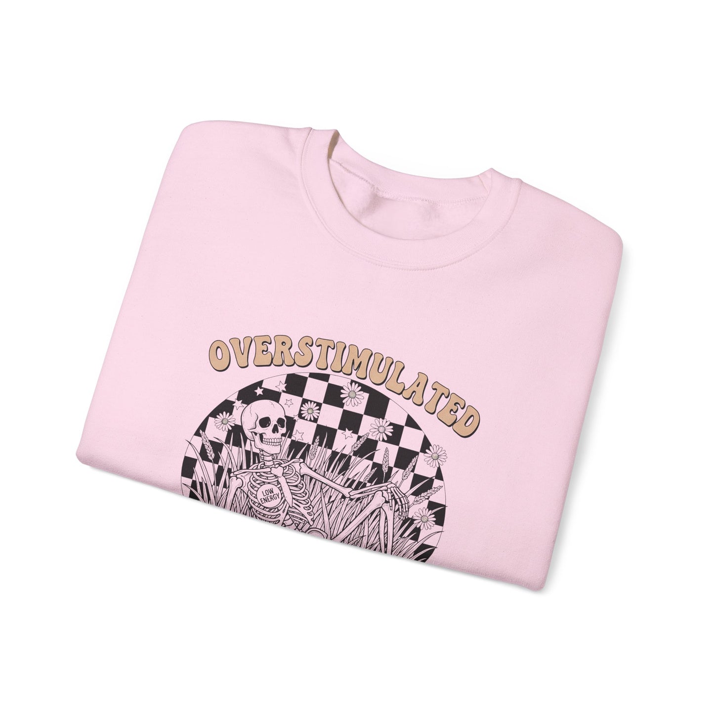 Sweatshirt — "Overstimulated and Still Cute" Skull Checkerboard Graphic Crewneck