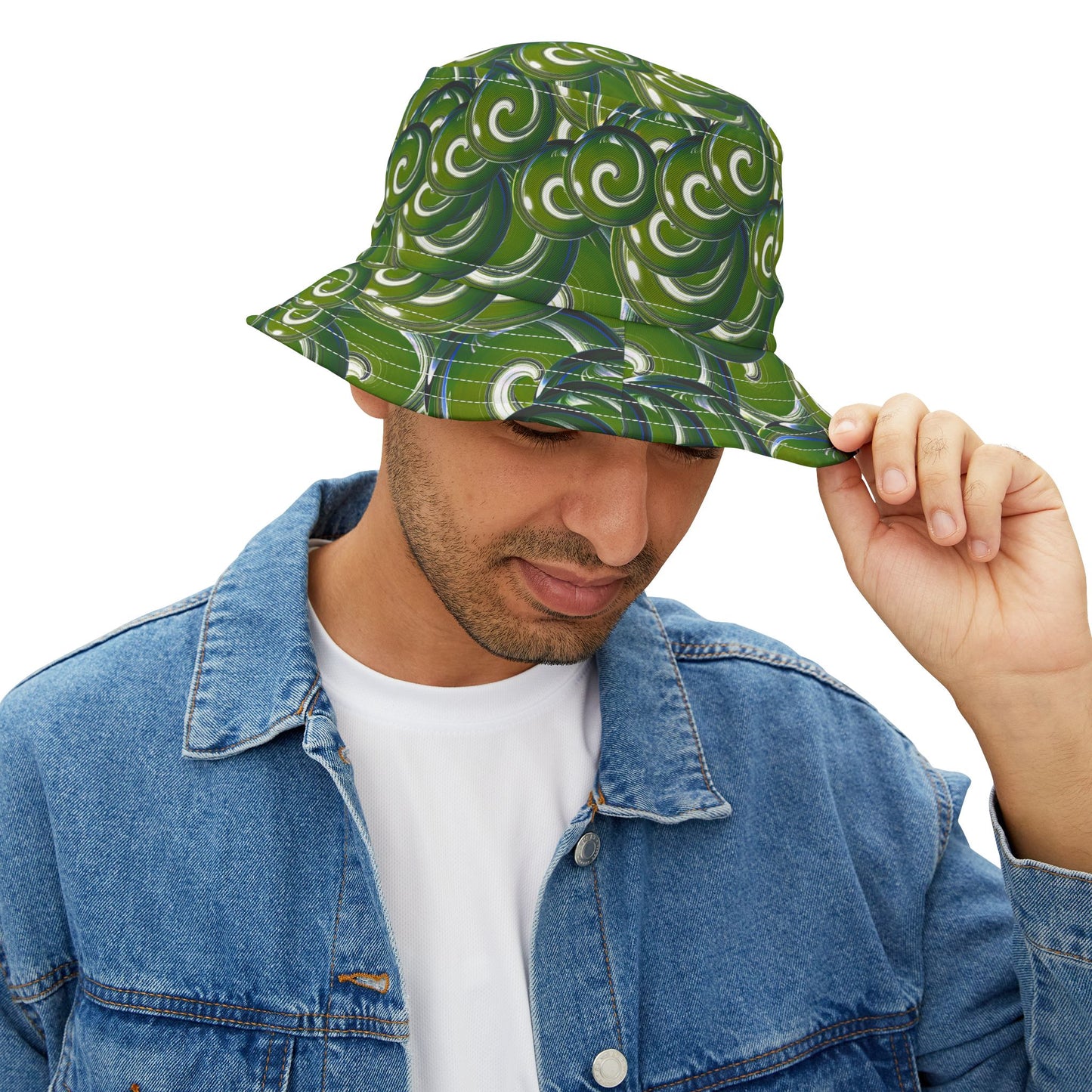 Green Swirl Pattern Bucket Hat – All-Over Print Casual Sun Hat