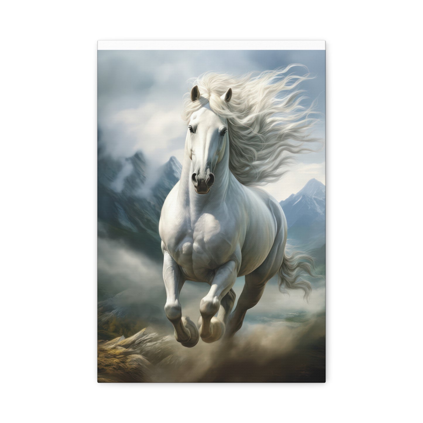 White Stallion Canvas Print – Majestic Galloping Horse Wall Art