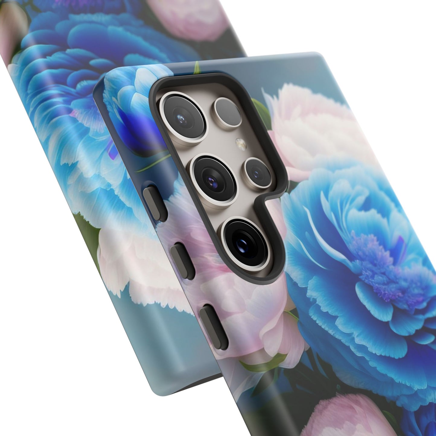 Floral Blue Peony Phone Case — Protective Tough Case with Pink & Blue Blooms