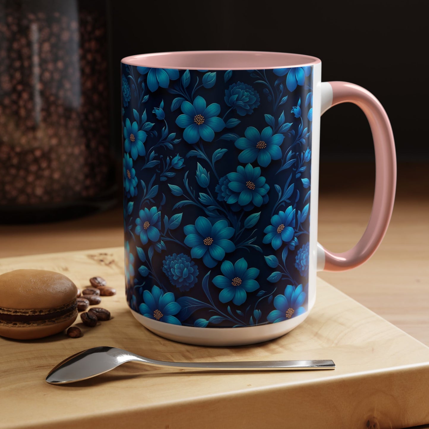 Floral Accent Coffee Mug, Blue Flower Mug, Ceramic Coffee Cup, Gift for Her, Nature-Themed Drinkware, Floral Home Decor, Unique Mug