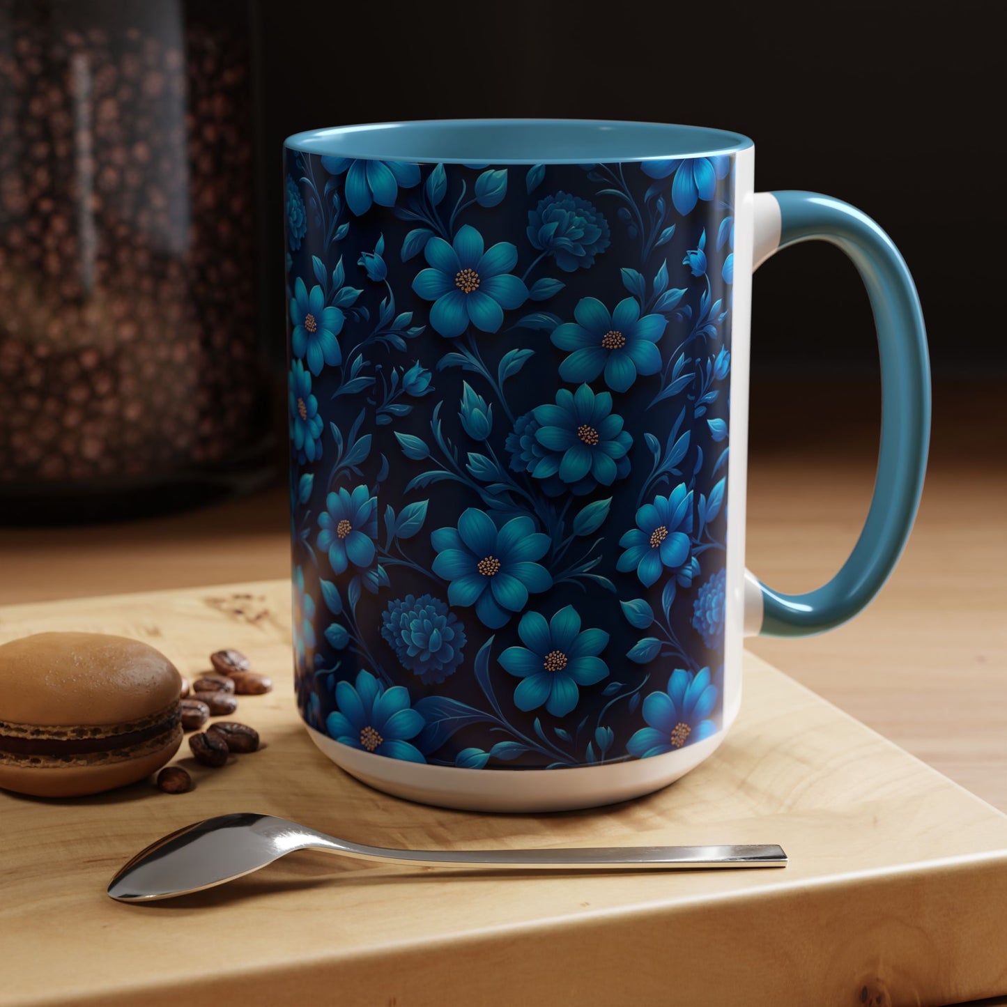 Floral Accent Coffee Mug, Blue Flower Mug, Ceramic Coffee Cup, Gift for Her, Nature-Themed Drinkware, Floral Home Decor, Unique Mug