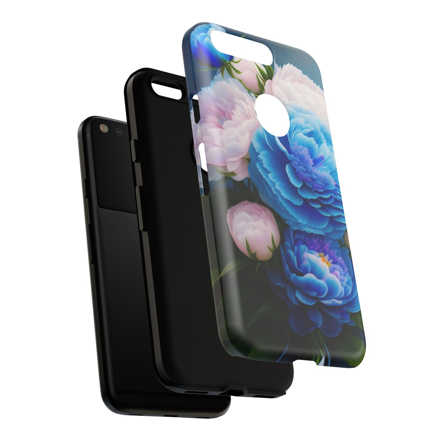 Floral Blue Peony Phone Case — Protective Tough Case with Pink & Blue Blooms