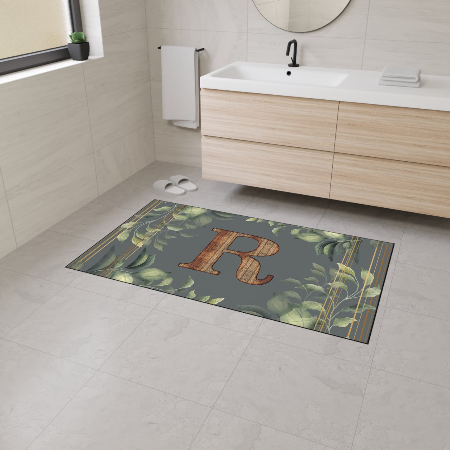 Personalized Monogram Floor Mat - Rustic Wood 'R' with Greenery Welcome Rug - Letter R