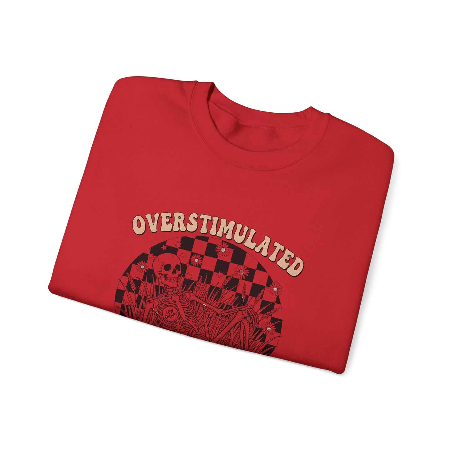 Sweatshirt — "Overstimulated and Still Cute" Skull Checkerboard Graphic Crewneck