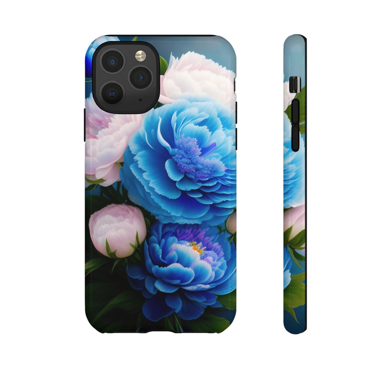Floral Blue Peony Phone Case — Protective Tough Case with Pink & Blue Blooms