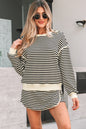 Black Stripe Textured Drop Shoulder Pullover Top Drawstring Mini Skort Two Piece Dress Set