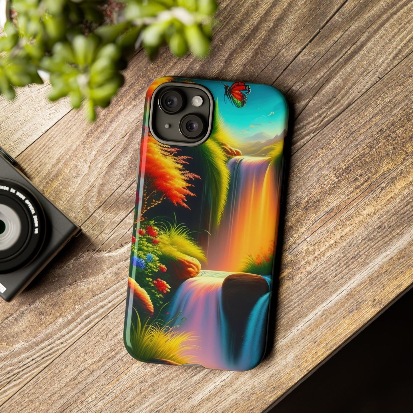 Phone Case - Vibrant Waterfall Landscape with Butterfly | Colorful Nature Protective Case